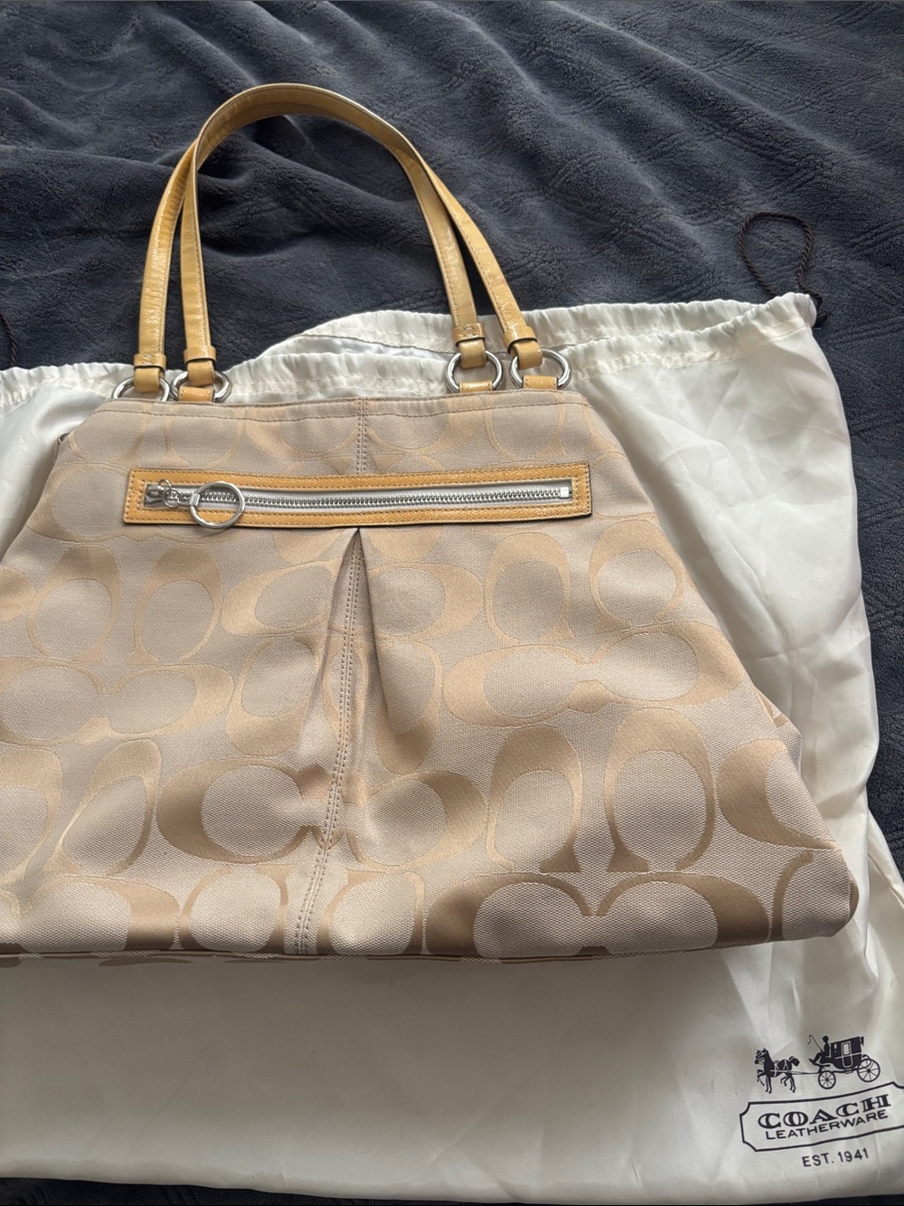Coach Beige Signature Canvas Shoulder Bag with Yellow Leather Straps